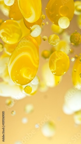 Macro Shot of Moving Oil and Milk Bubbles on Golden Background, Cosmetics Concept