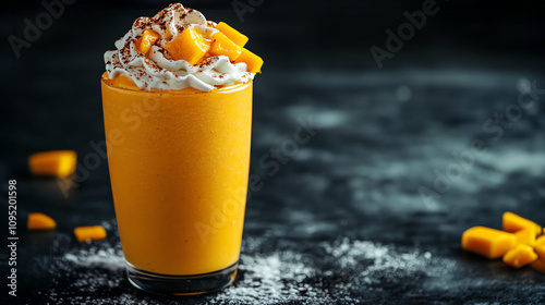 Creamy mango smoothie topped with whipped cream on a dark background rich contrast