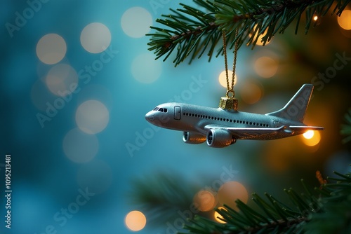 Close up of a plane hanging from a christmas tree, with soft bokeh lights in the background