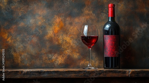 Red wine bottle and glass on rustic wood.