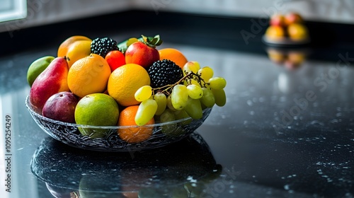 43. A vibrant fruit basket sitting on a stark black countertop