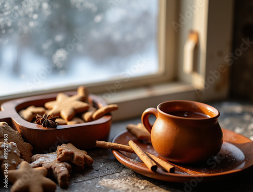 heißer Punsch und Lebkuchen in Holzschale