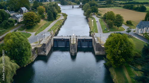 saint-baudelle lock or weir over mayenne river, france. aerial drone forward highlighted by white, vintage, png