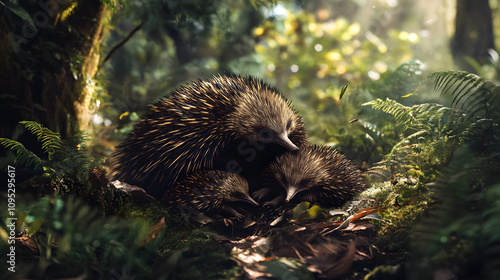 Captivating Photography of a Tasmanian Echidna Family in Their Lush Natural Habitat, Styled Like National Geographic's Immersive Wildlife Photography