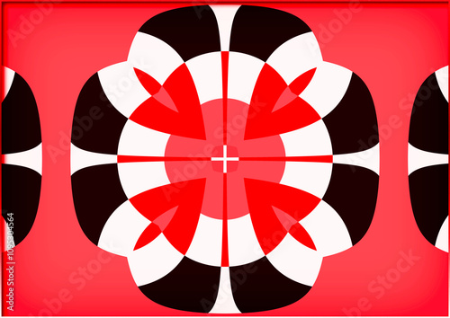 A symmetrical pattern features bold red, white, and black shapes forming a floral-like design against a red background. The geometric arrangement is both modern and eye-catching, 