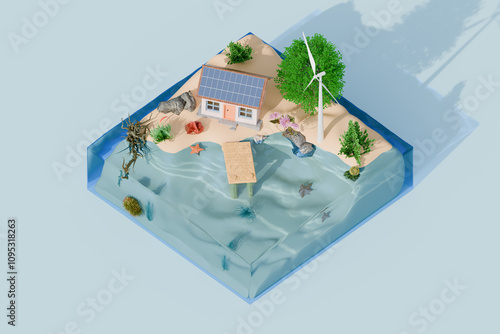 A miniature scene featuring a house, tree, and wind turbine surrounded by water. 3d rendering