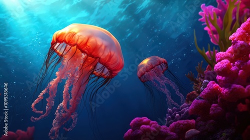 jellyfish to transparent on mystical. Two vibrant jellyfish gracefully swim through a colorful underwater scene filled with corals and beams of sunlight.