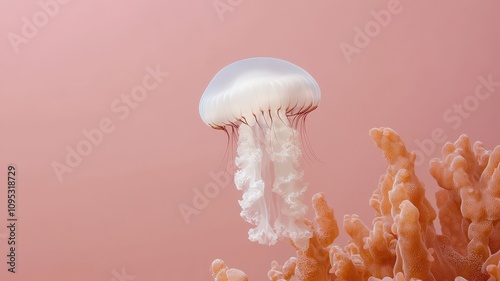 jellyfish to transparent on mystical. A translucent jellyfish floats gracefully above coral against a soft pink background, showcasing its delicate features.