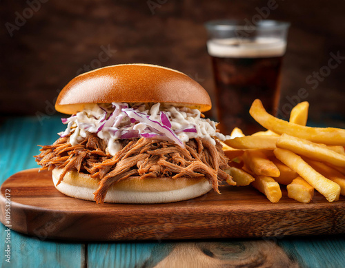 A mouthwatering pulled meat sandwich served on a brioche bun with red cabbage slaw, accompanied by crispy french fries and a drink on a wooden serving board.