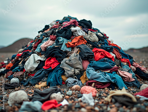 Pile of discarded clothing in a landfill symbolizing the waste and environmental impact of fast fashion