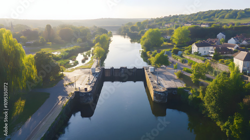 saint-baudelle lock or weir over mayenne river, france. aerial drone forward highlighted by white, vintage, png