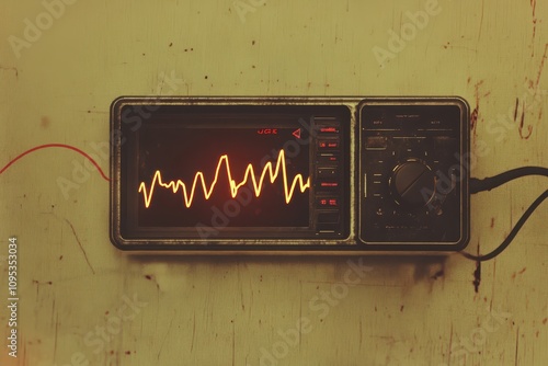 Vintage audio equipment displaying sound wave patterns in warm tones against a textured background