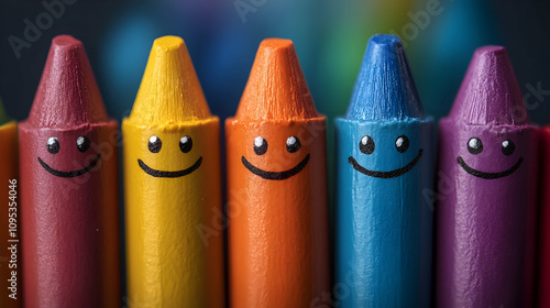 A close-up shot of colorful crayons with happy faces drawn on them. The vibrant colors and cheerful expressions create a playful and optimistic mood.