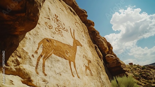 Ancient Petroglyphs Depicting Wildlife in a Desert Canyon. AI Generated