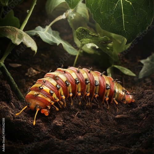 Striped millipede crawls on dark soil.