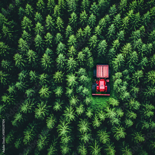 aerial view of lumberjack agriculture working amidst trees in a green forest, aerial drone flight, slowmo and strong colors highlighted by white, minimalism, png