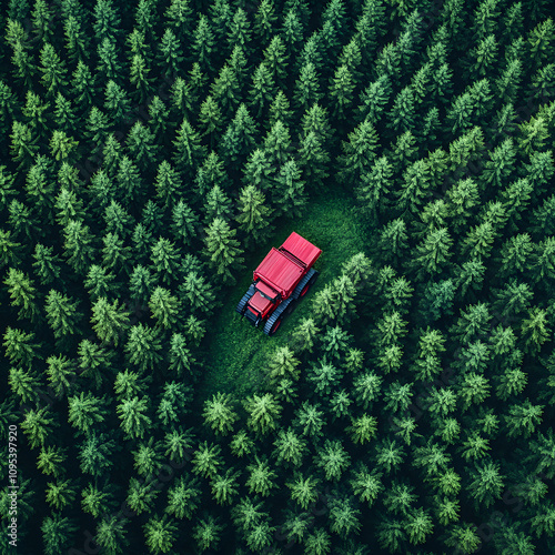 aerial view of lumberjack agriculture working amidst trees in a green forest, aerial drone flight, slowmo and strong colors highlighted by white, minimalism, png