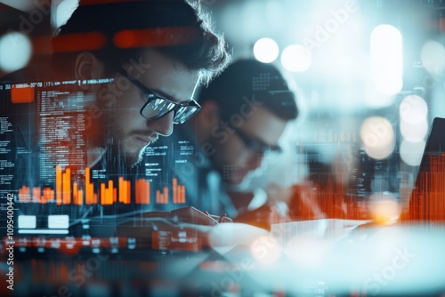 Two men immersed in coding work on laptops amidst digital screens filled with data, exemplifying teamwork, focus, and digital prowess in a tech-driven workspace.