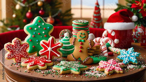 a collection of Christmas-themed cookies, including gingerbread men, star-shaped cookies, candy canes, and snowflakes