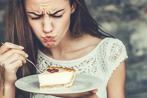 A woman grimaces while tasting a slice of cheesecake on a plate, suggesting mixed feelings.