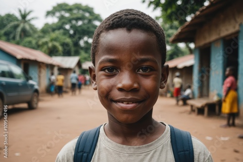 Close portrait of a smiling Equatorial Guinean male kid looking at the camera, Equatorial Guinean outdoors blurred background