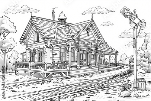 A charming black and white illustration of a vintage railway station surrounded by trees and a serene landscape.