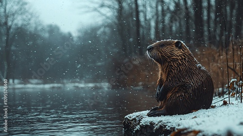 photography, high detail, year 1780, late autumn with snow, a ground-level extreme close up photograph of a beaver sitting on the banks of a snowy stream, the beaver is wearing colonial soldier 