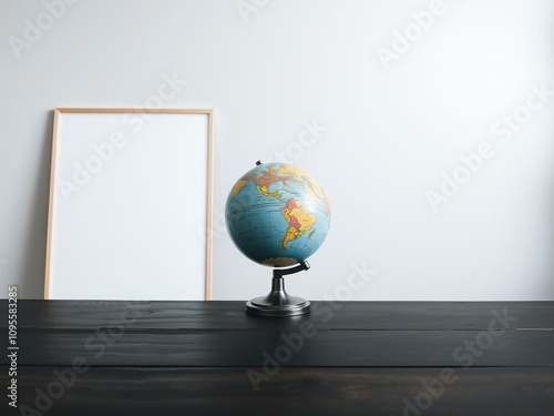 A lone globe on a dark wooden table creates a sense of balance and harmony in an otherwise minimalist space, table setting, natural wood