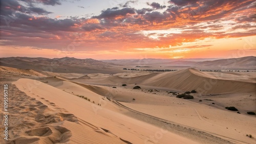 Sandy dunes at sunset in a dry desert landscape, arid, deserts, brown, rocky outcrops