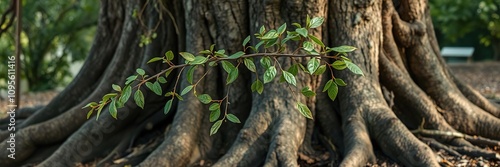 Weathered privet branch leans against the trunk of an ancient tree, its gnarled roots stretching deep into the earth, nature, privet, branch