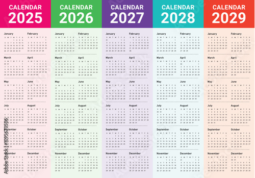 2025 2026 2027 2028 2029 year calendar vector design template