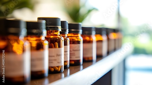 Amber Jars of Herbal Supplements on a Wellness Center Shelf. AI Generated