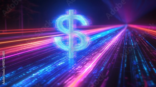 Neon Dollar Sign Speeding Down a Digital Highway: 3D Render. AI Generated