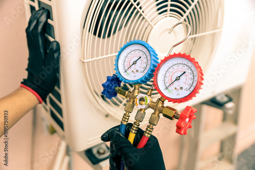 Electrical technician conditioning using manifold gauge measuring tool checking refrigerant pump filling home air conditioner and maintenance heat fix repair and clean outdoor air compressor unit.