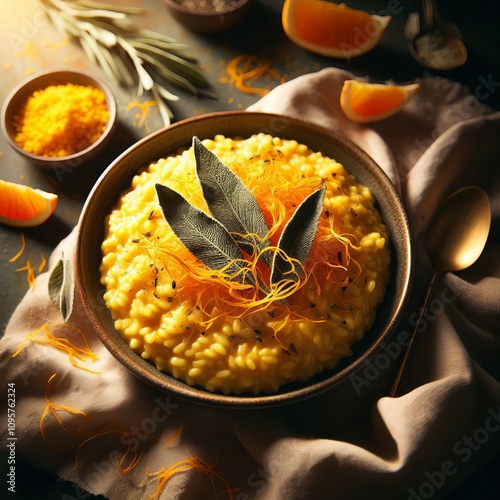 A creamy risotto with golden saffron threads garnished with cris