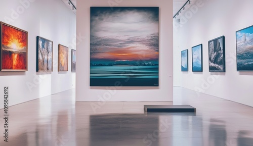 A modern and abstract painting hanging on the white wall of the art exhibition hall.