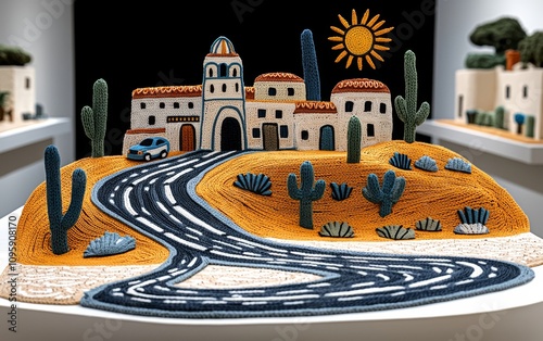 Knitted Desert Town Landscape Road Trip Crafts Yarn Art