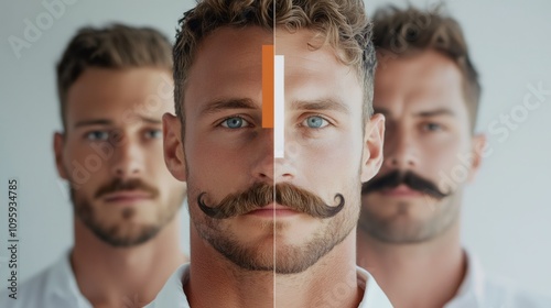 movember fundraising chart, split-screen design showcasing men with different mustache styles on one side and global movember fundraising milestones on the other in d bar chart