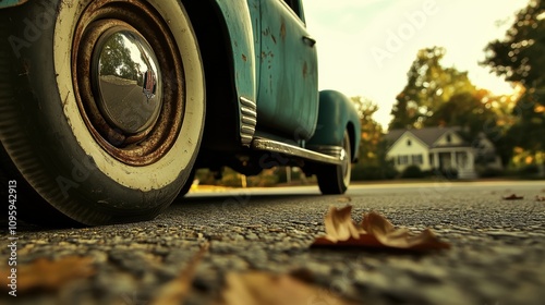 Closeup of a vintage blue truck tire with a whitewall tire and rusty hubcap.