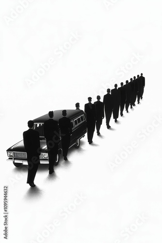 Here's a 10-word description of the image: Mourners follow hearse,