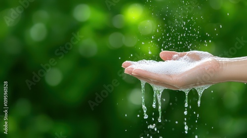 Woman's Hand with Cleansing Foam and Water, Refreshing and Pure