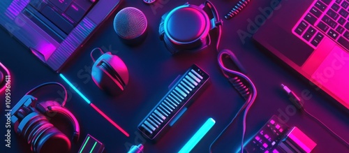 Neon-lit music production studio setup with headphones, keyboard, midi controller, laptop, and other equipment.