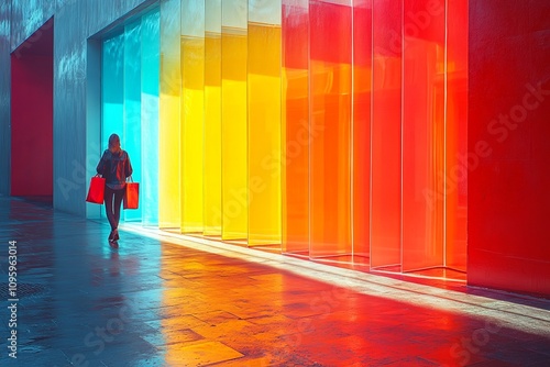 Young woman in red and yellow neon light in shopping mall corridor.