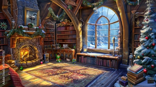 A room with a fireplace and a Christmas tree. There are many books on the shelves. A window is open