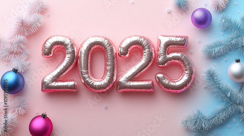 Celebrate arrival of 2025 with vibrant metallic balloons, festive ornaments, and pastel backdrop. This joyful scene captures essence of New Year festivities