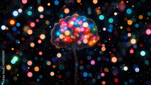 Colorful brain silhouette with vibrant bokeh lights in background