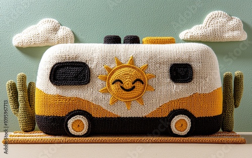 Knitted Campervan Toy Desert Scene Happy Sun Crochet Clouds Cactus Child s Room Decor