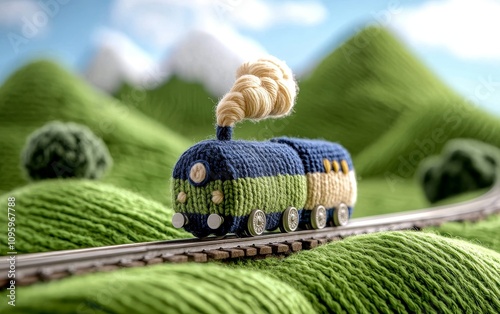 Knitted Toy Train on Green Yarn Landscape Adorable Handmade Locomotive