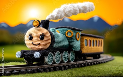 Adorable Crochet Train Toy at Sunset Landscape Background