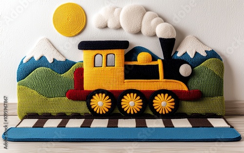 Adorable Crochet Train Wall Hanging Nursery Decor Kids Room Art Handmade Toy Mountain Landscape